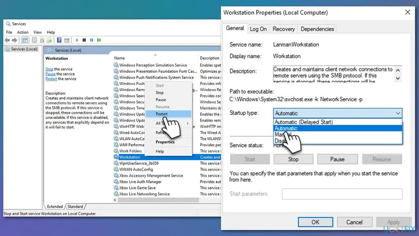 Services window with Workstation selected and its right-click menu open on Restart, next to Workstation Properties with the Startup type list open on Automatic