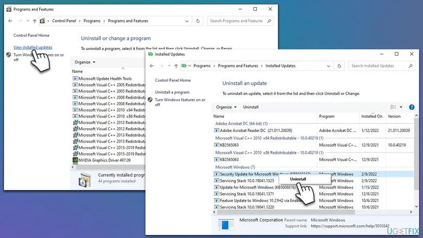Control Panel on Windows 10, Programs and Features with the link View installed updates, and the Installed Updates list with Uninstall on a security update