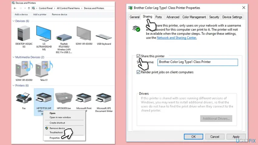 Devices and Printers with the right-click menu of a printer and its Properties window open on the Sharing tab with Share this printer ticked