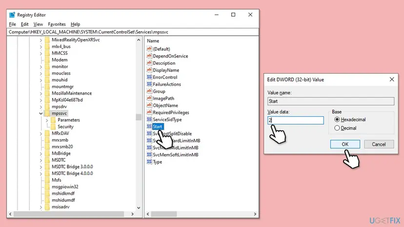 Registry Editor open at HKEY_LOCAL_MACHINE SYSTEM CurrentControlSet Services mpssvc with the Start value being edited to 2 in the Edit DWORD window