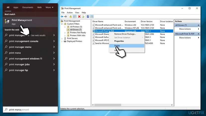Print Management on Windows 10 with the filter All Drivers open, a list of drivers with their environment and version, and a right-click menu with Remove Driver Package and Delete