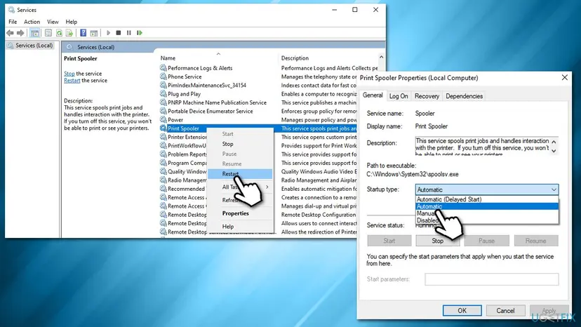 Services window on Windows 10 with Print Spooler selected and its right-click menu on Restart, next to Print Spooler Properties with the Startup type list open on Automatic and the Stop button