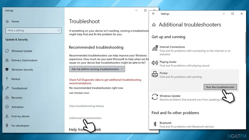 Windows 10 Settings, Update and Security, Troubleshoot, Additional troubleshooters, with the Printer entry open and the button Run the troubleshooter