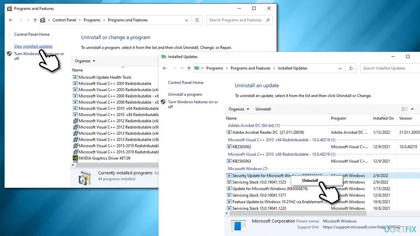 Control Panel on Windows 10, Programs and Features with the link View installed updates, and the Installed Updates window with an Uninstall button over a selected Security Update for Microsoft Windows