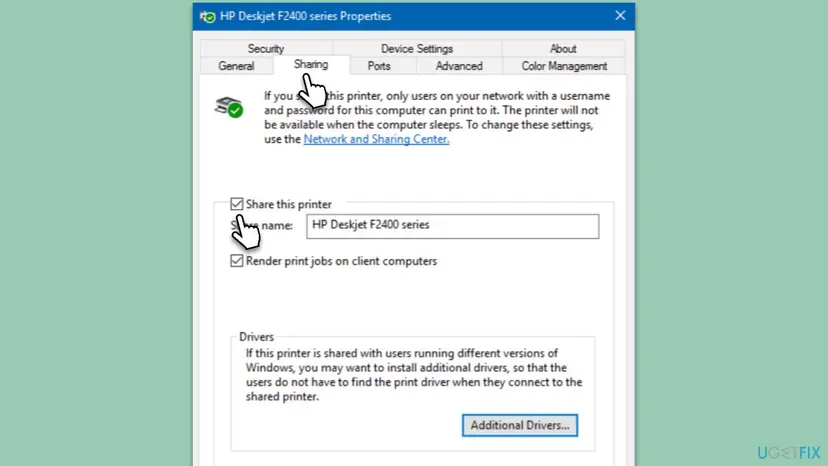 Printer properties of an HP Deskjet F2400 on the Sharing tab with Share this printer and Render print jobs on client computers checked and the share name filled in