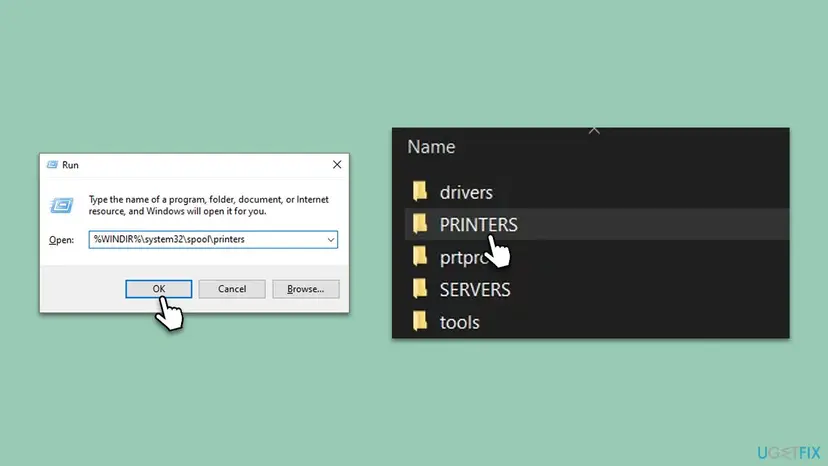 Run box with %WINDIR%\system32\spool\printers typed in and, next to it, the spool folder in File Explorer showing the drivers, PRINTERS, prtprocs, SERVERS and tools folders