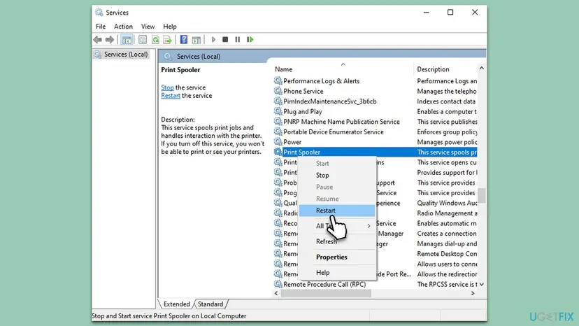 Services window on Windows 10 with Print Spooler selected, its description on the left and the right-click menu open on Restart