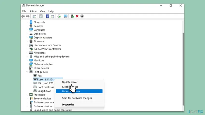 Device Manager on Windows 11 with Print queues expanded and the right-click menu of an Epson printer showing Update driver, Disable device and Uninstall device