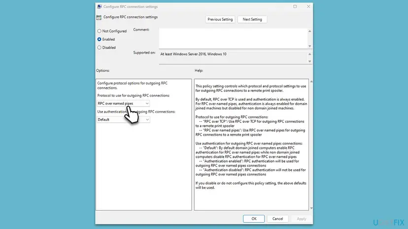 Configure RPC connection settings policy window set to Enabled, with Protocol to use for outgoing RPC connections set to RPC over named pipes and authentication left on Default