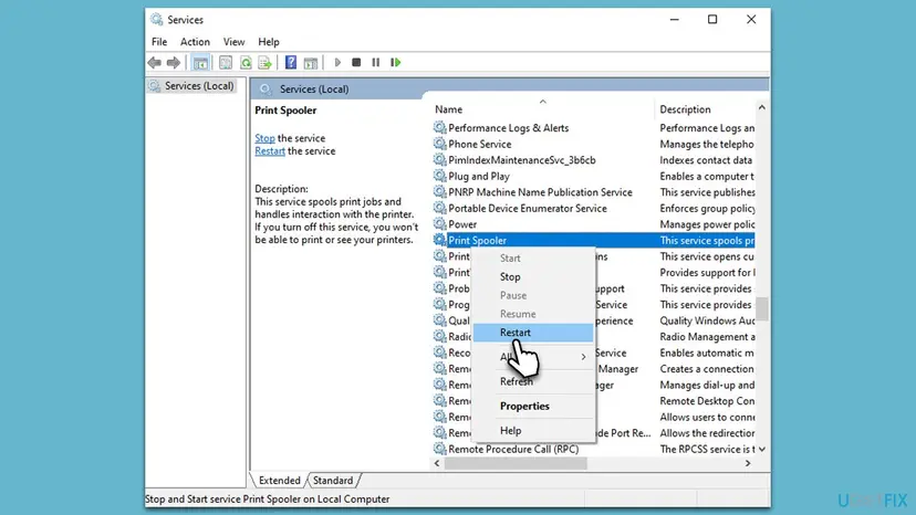 Services window on Windows 10 with Print Spooler selected, its description on the left and the right-click menu open on Restart