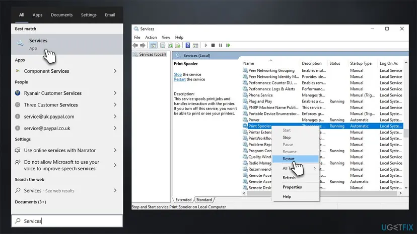 Windows search showing the Services app and the Services window with Print Spooler selected and its right-click menu open on Restart