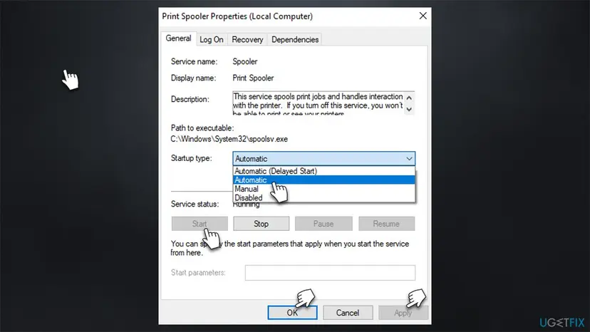 Print Spooler Properties window on the General tab with the Startup type list open and Automatic selected, and the Start, Apply and OK buttons