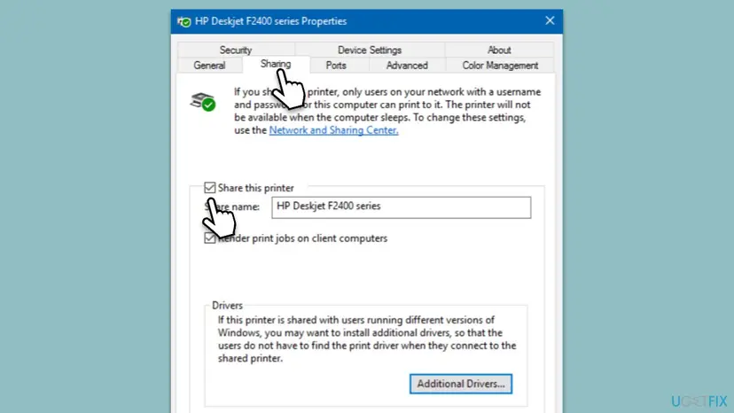 Printer Properties window on the Sharing tab with Share this printer ticked, the share name field, Render print jobs on client computers and the Additional Drivers button