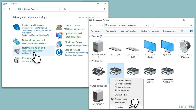 Control Panel with View devices and printers selected and the Devices and Printers window showing the Print server properties button in the toolbar and a printer's right-click menu with Remove device