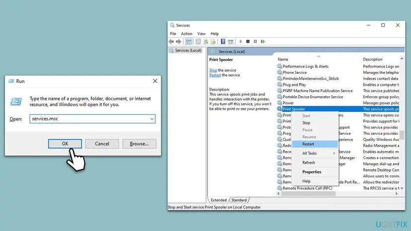Run box with services.msc typed and the Services window with Print Spooler selected and its right-click menu open on Restart