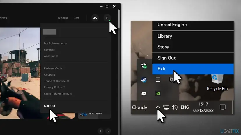 Epic Games Launcher account menu with Sign Out at the bottom, and the Epic tray icon menu with Library, Store, Sign Out and Exit in the Windows taskbar