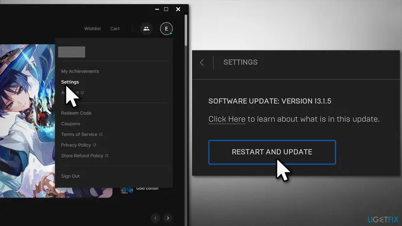 Epic Games Launcher account menu with Settings selected, and the Settings page showing a software update with a Restart and Update button