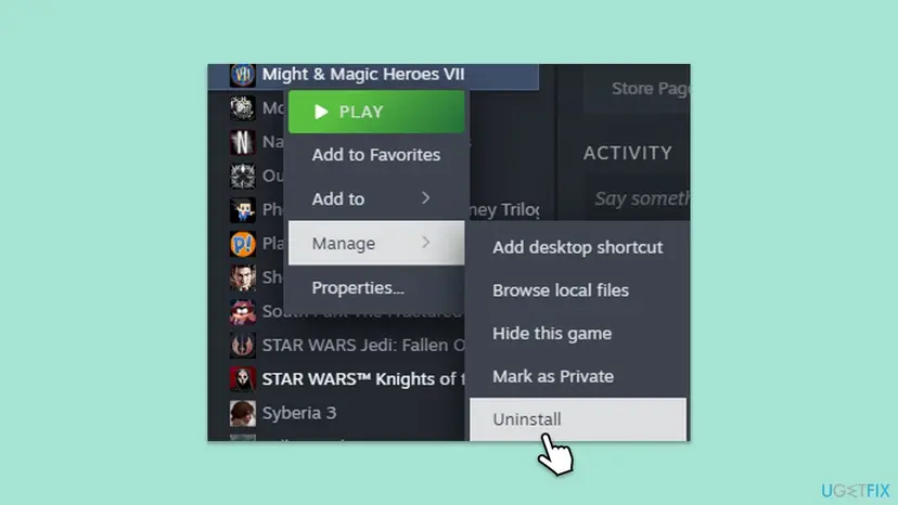 Steam library context menu with Manage opened and the Uninstall option highlighted