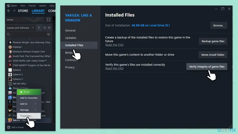 Steam library menu with Properties selected and the Installed Files tab showing the Verify integrity of game files button