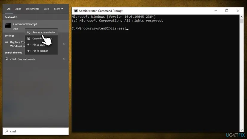 Command Prompt opened with Run as administrator from the Windows search results and the command iisreset typed in the Administrator window