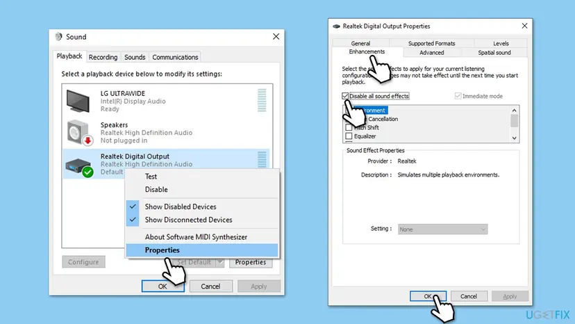 Sound window Playback tab with Realtek Digital Output Properties open and Disable all sound effects ticked on the Enhancements tab