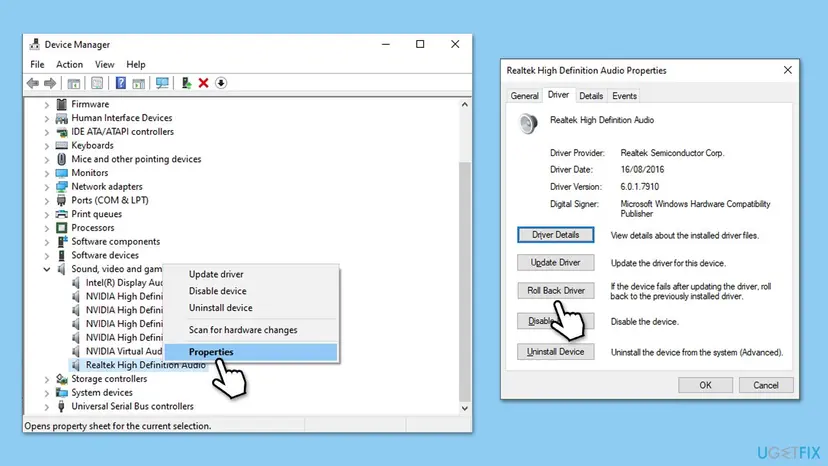 Device Manager with the Realtek High Definition Audio entry, and its Properties window open on the Driver tab with the Roll Back Driver button