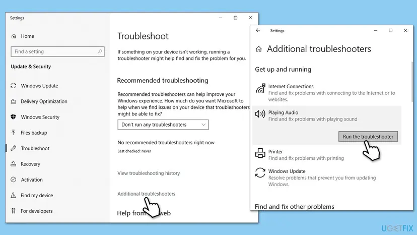 Windows 10 Settings Troubleshoot page with Additional troubleshooters open and the Run the troubleshooter button under Playing Audio
