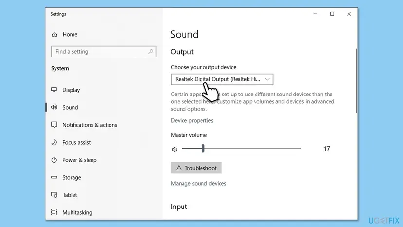 Windows 10 Settings Sound page with the Choose your output device list set to Realtek Digital Output (Realtek High Definition Audio)