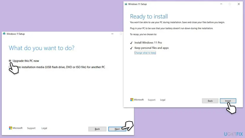 Windows 11 Setup windows: What do you want to do with Upgrade this PC now, and Ready to install showing Install Windows 11 Pro and Keep personal files and apps with the Install button