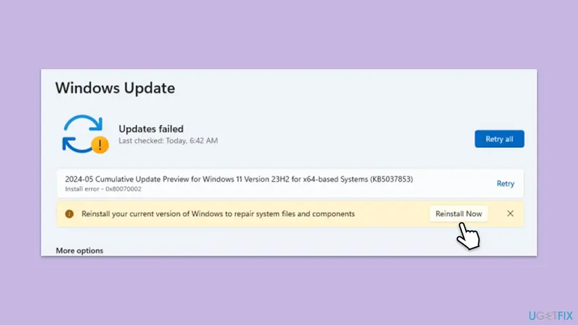 Windows 11 Windows Update page with Updates failed, a cumulative update with Install error 0x80070002 and the yellow notice Reinstall your current version of Windows to repair system files and components with a Reinstall Now button