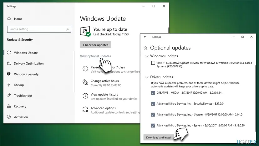 Windows 10 Windows Update page with View optional updates, next to the Optional updates list with driver updates ticked and Download and install