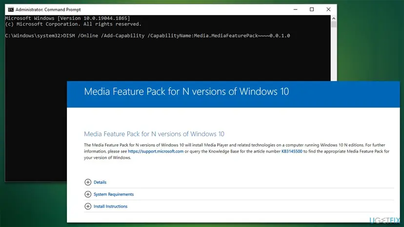 Administrator Command Prompt running the DISM Add-Capability command for Media.MediaFeaturePack, next to Microsoft's old Media Feature Pack download page for Windows 10 N