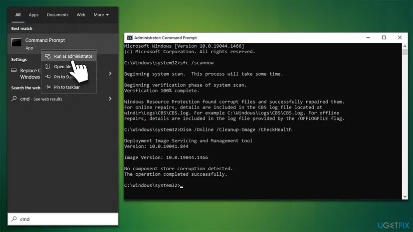Command Prompt opened as administrator from Windows search, showing sfc /scannow repairing corrupt files and DISM CheckHealth finding no corruption
