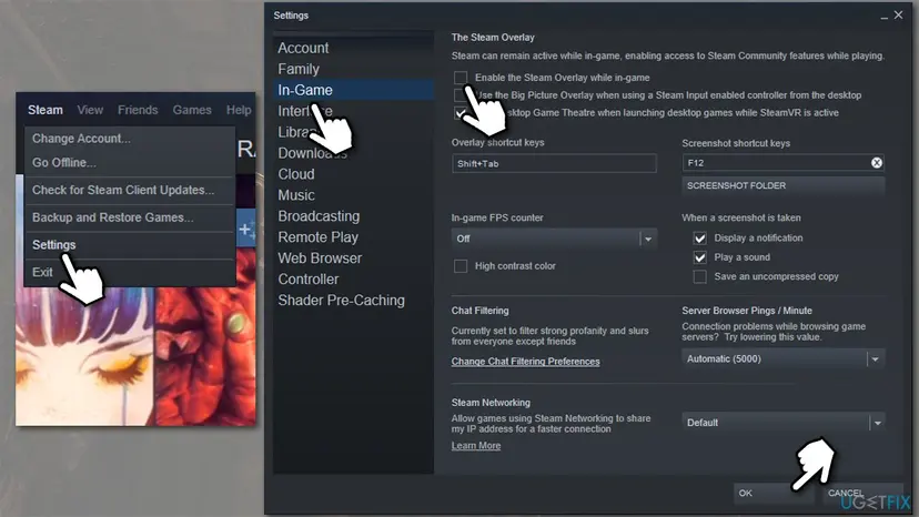 Steam settings window on the In-Game page with the Enable the Steam Overlay while in-game box unticked