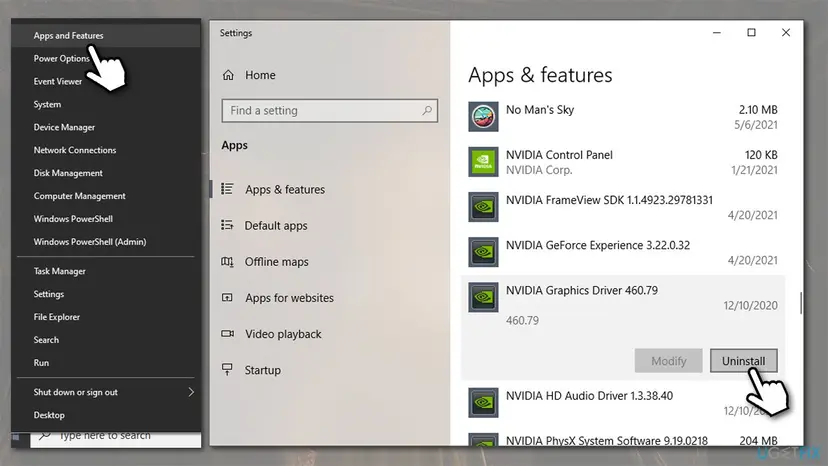 Windows 10 Apps and features list with the NVIDIA Graphics Driver entry selected and its Uninstall button shown
