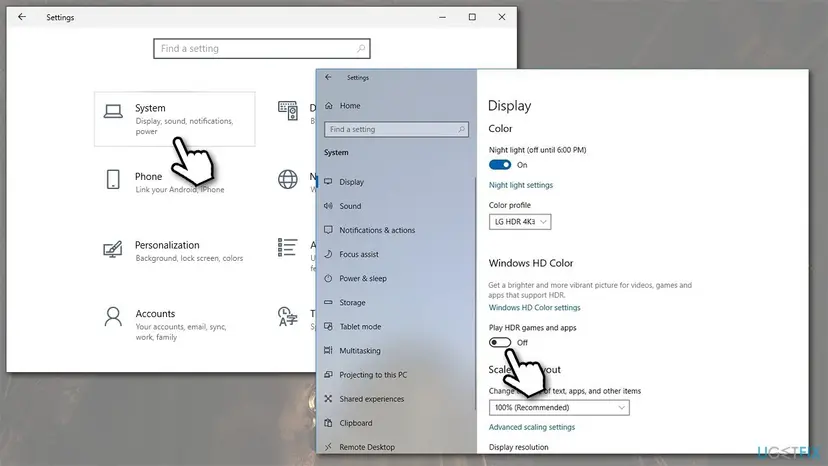 Windows 10 Settings on the Display page with the Windows HD Color section and the HDR games and apps switch turned off
