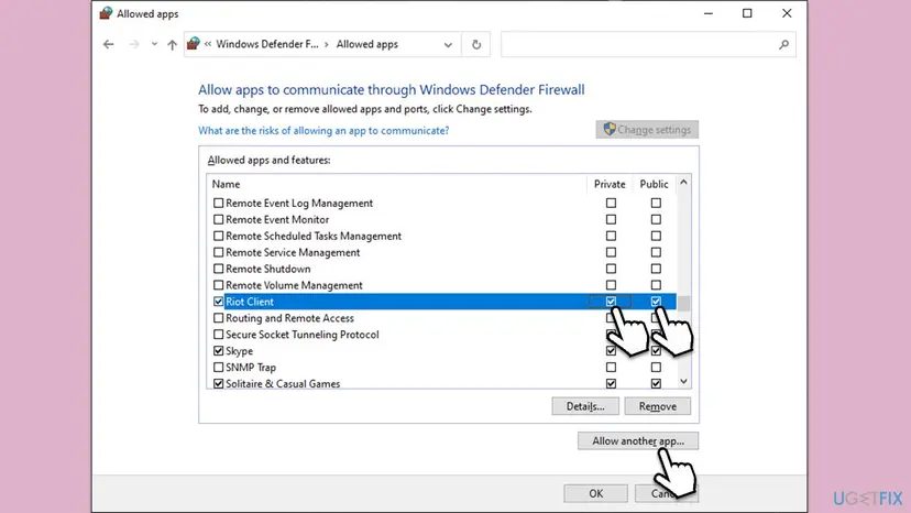 Windows Defender Firewall Allowed apps list with Riot Client selected, Private and Public ticked, and the Allow another app button