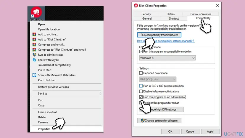 Riot Client shortcut menu with Properties and the Riot Client Properties Compatibility tab showing compatibility mode and run as administrator boxes