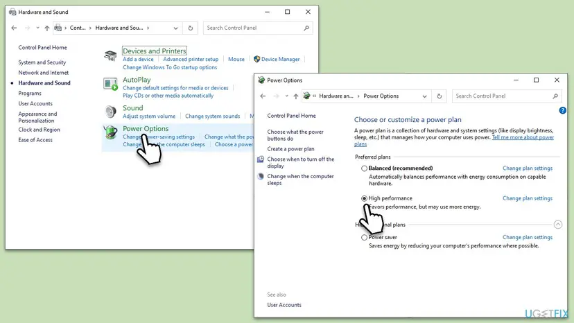 Control Panel Power Options window with the High performance power plan selected on Windows 10