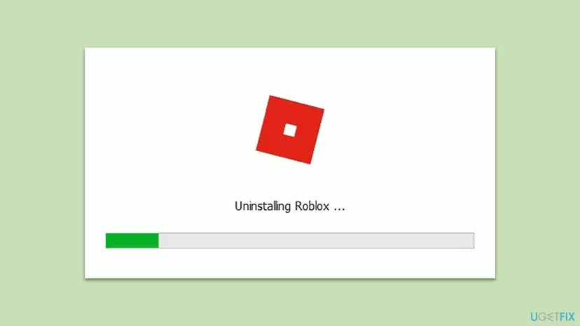 Roblox uninstall dialog with a progress bar shown while the program is being removed from Windows
