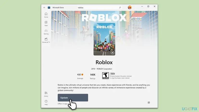 Roblox page in the Microsoft Store on Windows 11 with the Update button shown for the installed game