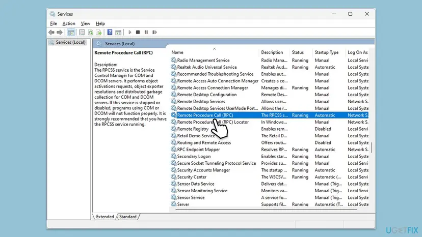 Windows 11 Services window with Remote Procedure Call (RPC) selected, status Running, startup type Automatic, and its description about COM and DCOM servers on the left