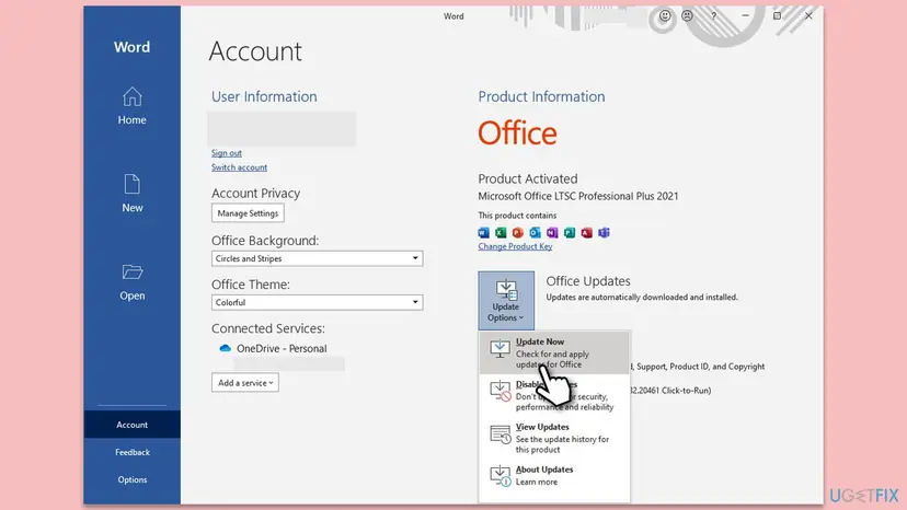 Office Account page with Product Information and the Update Options menu open, showing Update Now, Disable Updates, View Updates and About Updates