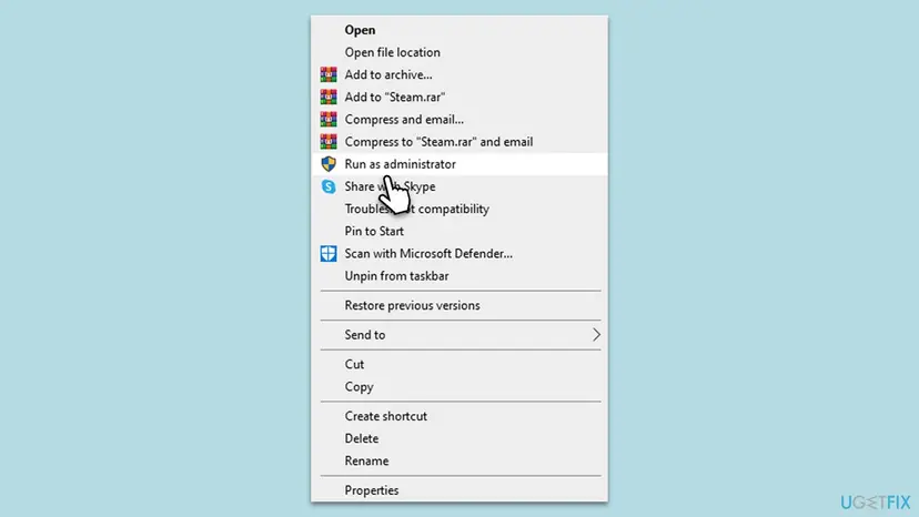 Right-click menu of a program shortcut in Windows with Run as administrator highlighted among Open, Open file location and Properties