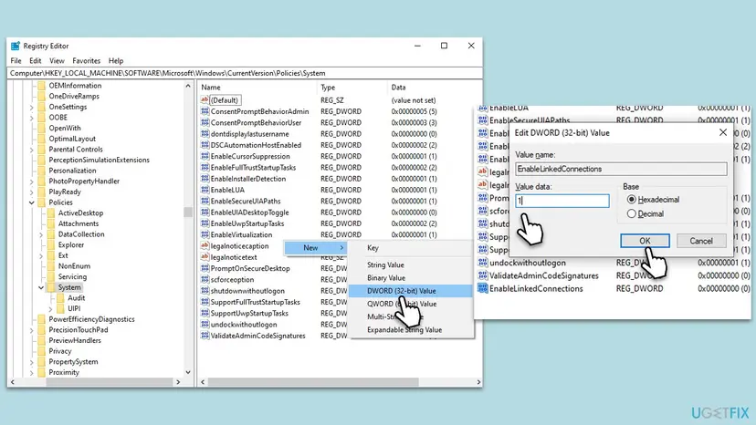 Registry Editor at the Policies System key with New DWORD (32-bit) Value selected and EnableLinkedConnections set to 1