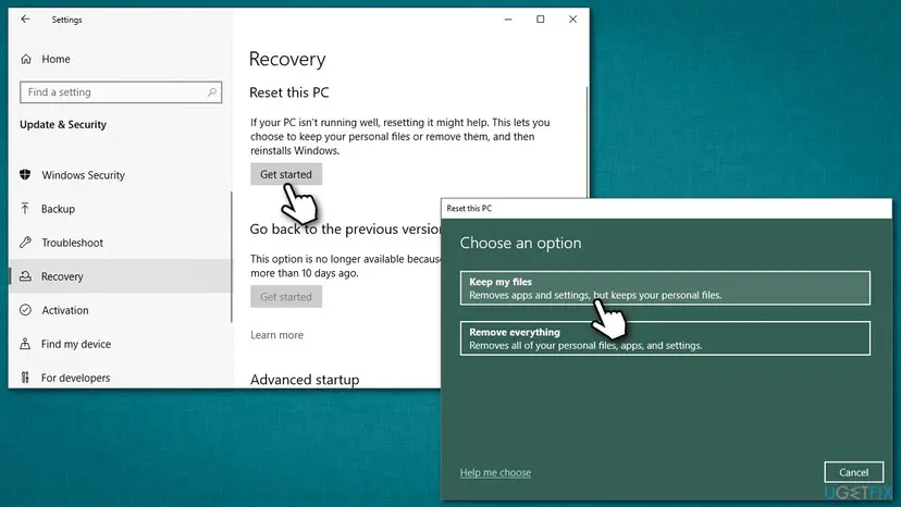 Windows 10 Settings Recovery page with Reset this PC Get started and the Choose an option dialog with Keep my files selected