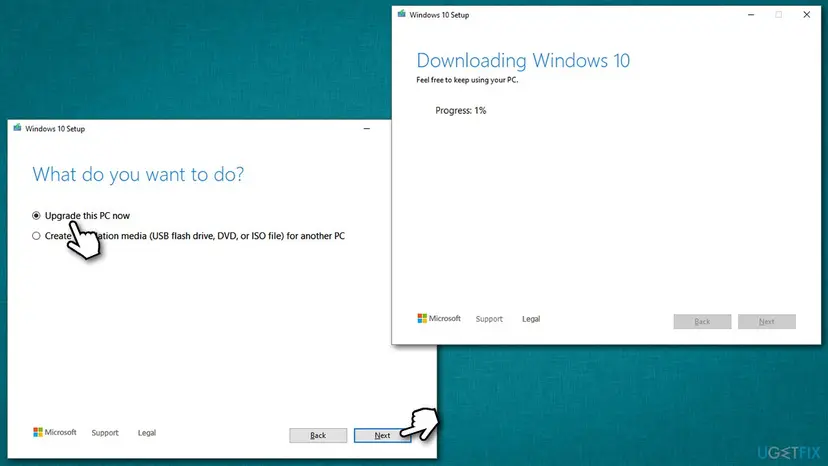 Windows 10 Media Creation Tool with Upgrade this PC now selected and the Downloading Windows 10 progress window