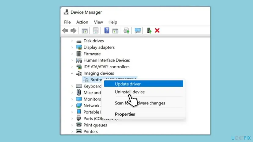 Device Manager on Windows 11 with Imaging devices expanded and the context menu of a Brother MFC scanner showing Uninstall device