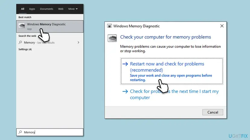 Windows search showing Windows Memory Diagnostic and the dialog with Restart now and check for problems selected