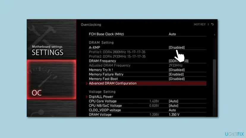 BIOS overclocking page of a motherboard with the A-XMP memory profile option set to Disabled under DRAM Setting